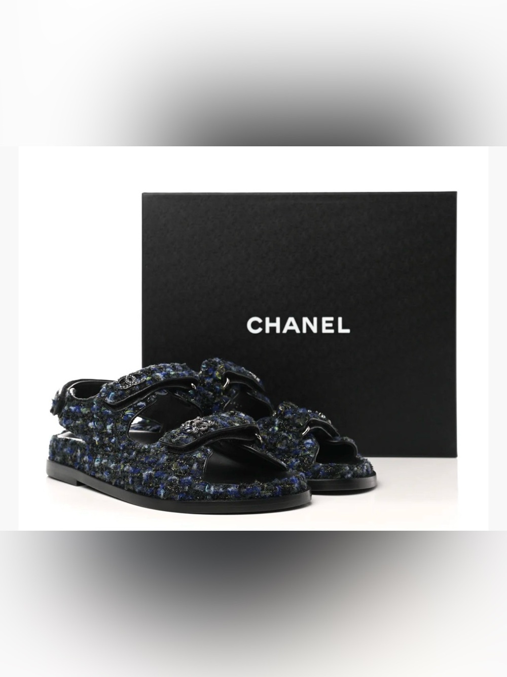 CHANEL Iridescent Tweed Velcro Dad Sandals 37.5 Navy Blue Multicolor